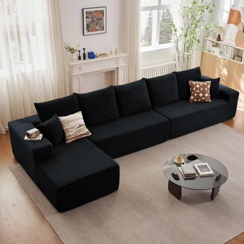 Miniatura 28 de Sofá seccional modular de 96", sofá en forma de L tipo nube sin estructura con chaise lounge, tapizado de pana con asiento profundo de espuma Negro