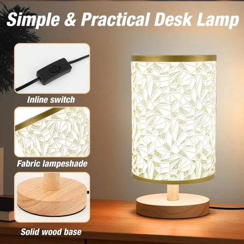 Miniatura 4 de Lámpara de escritorio con bombilla LED incluida, pequeña lámpara de mesita de noche enchufable, base de madera clásica con pantalla de tela de lino