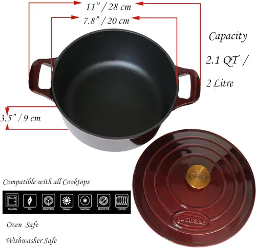 Miniatura 4 de La Cuisine - Olla de hierro fundido esmaltado para horno holandés con tapa, 2.1 cuartos de galón de 7.9 pulgadas/20cm de diámetro. Revestimiento