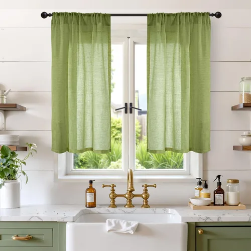 Miniatura 139 de BGment Cortinas de lino café de 30 pulgadas de largo para ventana pequeña, cortinas de media ventana beige semitransparentes ligeras con bolsillo