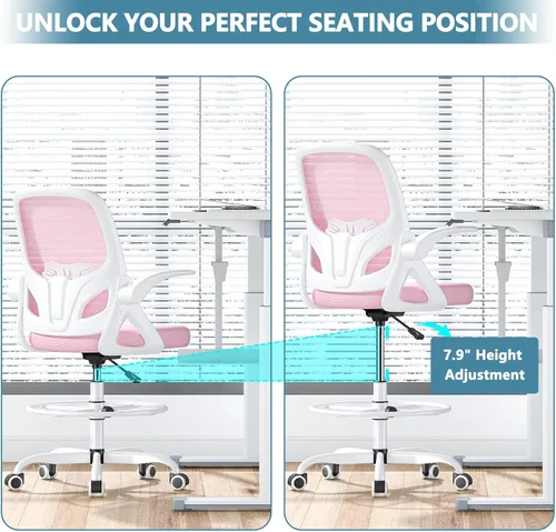 Miniatura 5 de Kensaker Silla de Dibujo Alta con Anillo Reposapiés para el Hogar y el Trabajo, Silla Ergonómica de Escritorio de Oficina para el Hogar con Brazos