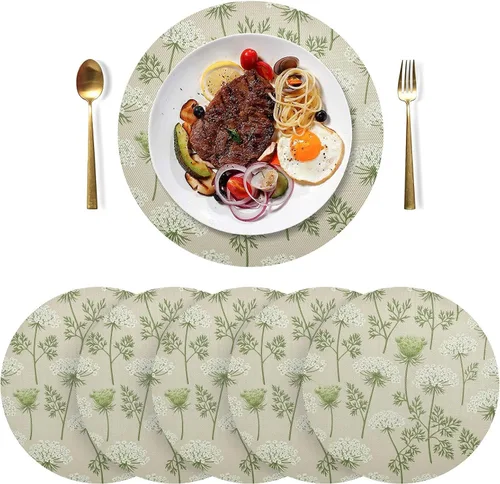 Miniatura 3 de Flowers Green White Blooms Beige Dining Room Table Placemats, Heat Resistant Non Slip Washable Round Place Mats for Kitchen one sizex1