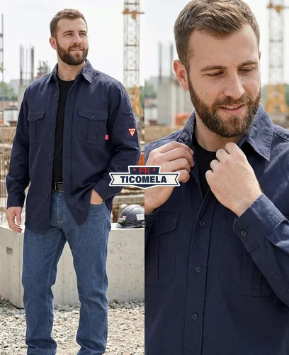Miniatura 5 de TICOMELA Camisa de soldadura FR de peso medio para hombre, 7.5oz 100% algodón NFPA 2112 CAT2 - Camisa de trabajo con botones resistente al fuego