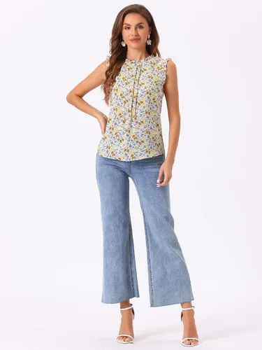 Miniatura 3 de Allegra K Blusa sin mangas para mujer, con volantes, para oficina, negocios, estilo vintage de los años 50, blusas florales