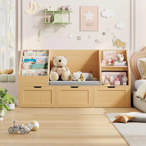 Miniatura 4 de FOTOSOK Estantería infantil de 55.1 pulgadas con rincón de lectura, organizador de almacenamiento de juguetes con cojín de asiento y 3 cajones