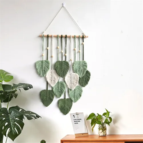 Miniatura 7 de MSFENG Tapiz para colgar en la pared, diseño de hojas, bohemio, decoración de pared tejida con plumas tejidas a mano, borlas de hilo tejido, Verde