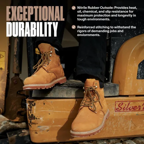 Miniatura 4 de Botas de trabajo para hombre con puntera suave, botas de cuero de 6 pulgadas para construcción, suela de goma, botas de trabajo para hombre, botas