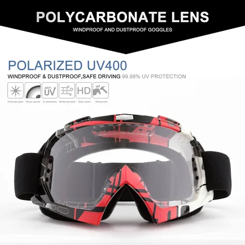 Miniatura 6 de FMY Gafas de motocross para hombres, mujeres y jóvenes, antiarañazos, a prueba de polvo, UV400 ATV Lente negro y rojo-transparente