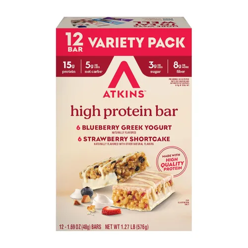 Atkins Barrita de yogur griego de arándanos y fresas con alto contenido de proteínas, alta fibra, apta para dieta cetogénica, 12 unidades (6 barras