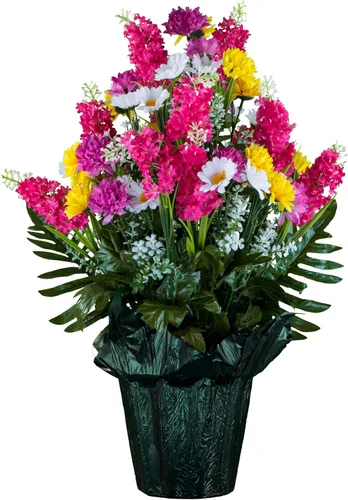 Miniatura 25 de Sympathy Silks Flores artificiales para cementerios – Decoraciones para tumbas - 1 ramo de flores silvestres de violeta púrpura y naranja, 1 montura