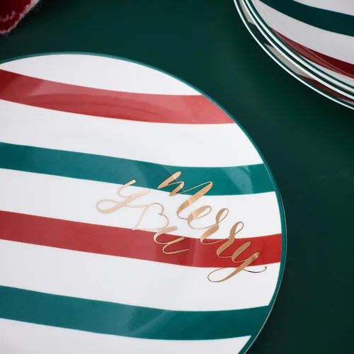 Miniatura 5 de Platos de Cena de Navidad de China Ósea - Platos de Postre - Platos de Ensalada Juego de 4, Apto para Lavavajillas (Rayado, 20.3 cm)