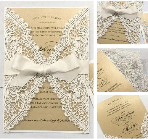 Miniatura 3 de 25 invitaciones de boda de 5 x 7 pulgadas con sobres, corte láser de encaje hueco con cintas elegantes, para boda, despedida de soltera, compromiso