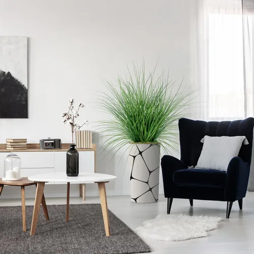 Miniatura 14 de Árbol artificial en macetero con patrón geométrico, palmera tropical areca artificial de seda para decoración del hogar en interiores y exteriores