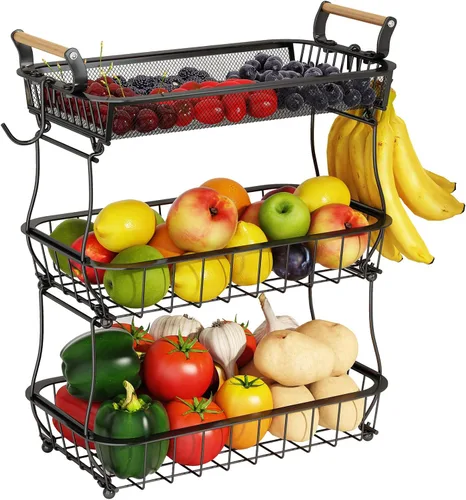 Miniatura 8 de ANTOPY Canasta de frutas de 2 niveles con 2 colgadores para plátanos, Cesta de frutas y verduras para encimera de cocina, Tazón de metal con alambre