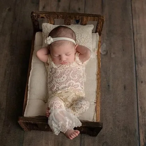 Miniatura 3 de Traje de fotografía para bebé, traje de encaje para recién nacido, sesión de fotos, diadema de flores, disfraz de princesa beige a