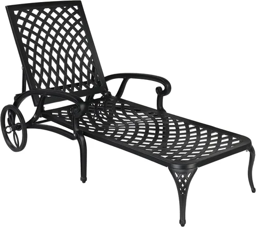 VINGLI Tumbona de aluminio fundido para exteriores con ruedas, tumbona de patio con respaldo ajustable de 3 posiciones, silla reclinable para