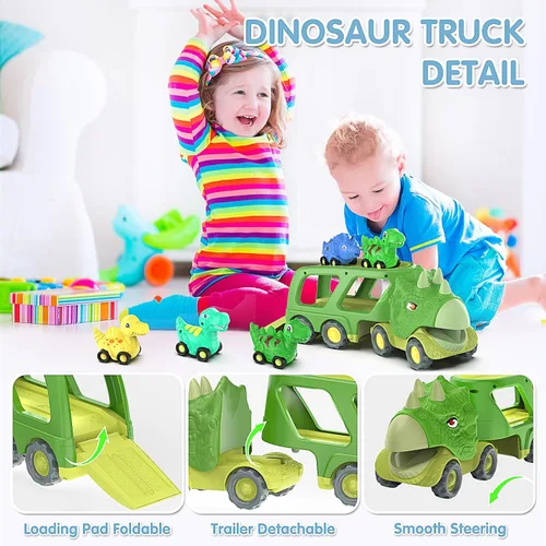 Miniatura 3 de Juguetes de dinosaurio para niños de 2 a 4 años, camión transportador de automóvil de dinosaurio con 4 autos de dinosaurio de tracción hacia atrás