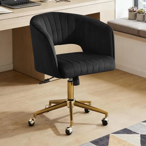 Miniatura 10 de Silla de tocador con respaldo sillón giratorio 360 grados y base dorada, silla entrecruzada con ruedas para tocador, oficina en casa, sala de estar