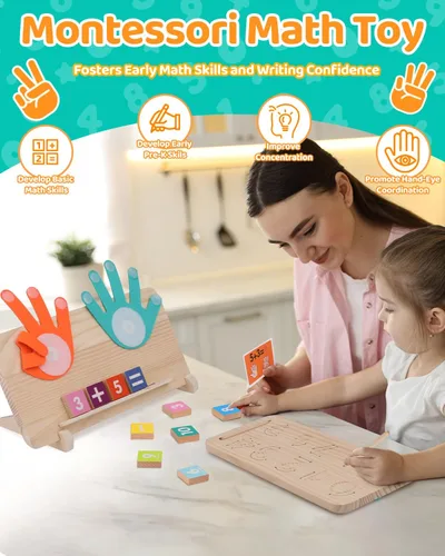 Miniatura 6 de Juguetes de aprendizaje Montessori para niños pequeños de 2 a 4 años, tablero de doble cara para contar con los dedos y trazar números, bloques