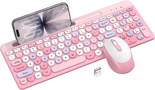 Miniatura 10 de Colorido combo de teclado y mouse inalámbricos, teclas redondas, teclado retro de máquina de escribir de 2.4 GHz con teclado numérico, lindo teclado