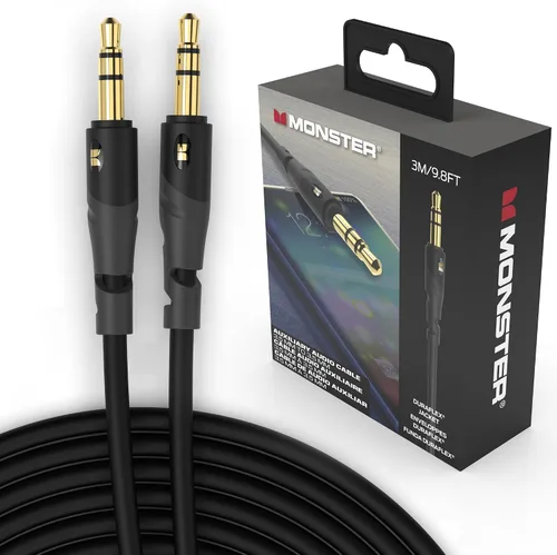 Monster Gen1 Essentials - Cable de audio macho a macho, cable auxiliar de 9.8 pies con chaqueta Duraflex, conectores chapados en oro, cable auxiliar