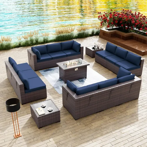 Miniatura 57 de Kullavik Juego de 13 muebles de patio al aire libre con mesa de fogata de gas propano de 43 pulgadas, 55000 BTU, mimbre de polietileno, sofá Arena