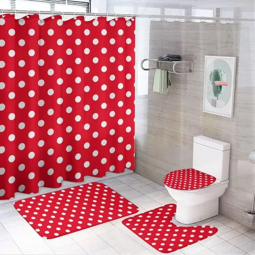 Miniatura 28 de Juego de 3 alfombras de baño con diseño de lunares, color azul aguamarina, antideslizante, con contorno en forma de U y tapa de inodoro