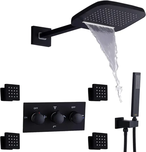 Miniatura 12 de Cabezal de ducha de lluvia de cascada cepillado con rociador de mano montado en la pared de latón 8 x 10 pulgadas, sistema de ducha de lluvia