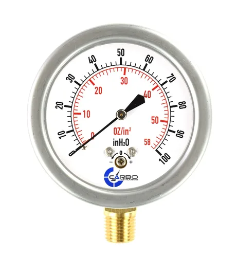 Miniatura 8 de Diafragma baja presión cápsula manómetro, 2-1/2" dial, 0-8 oz/0-15in H2O Rango, 1/4" NPT montaje inferior, caja de acero inoxidable, latón internos