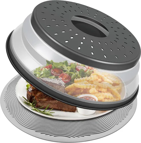 Miniatura 10 de LekDrok - Paquete de 2 fundas para alimentos para microondas con tapete de 10 pulgadas, tapete como soporte para tazón, cubierta para protector