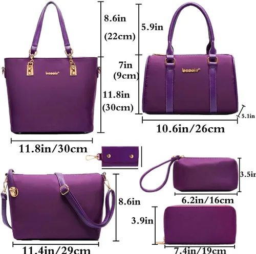 Miniatura 3 de Juego de 6 bolsas con asa superior de nailon para mujer, incluye bolsa grande, bolsa mediana, bolsa de hombro, cartera, bolsa de mano y llavero