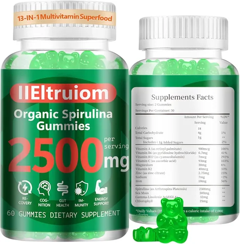 Gomitas de Clorella de espirulina azul orgánica, 13 en 1 Super Greens & Superfoods, espirulina de 2500 mg de energía diaria mejorada con musgo