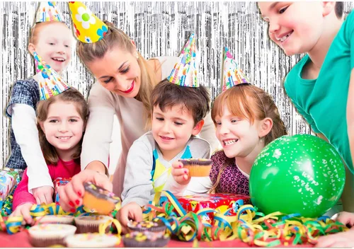 Miniatura 5 de Paquete de 4 cortinas metálicas con flecos para decoración de cumpleaños, bodas, Navidad Plata