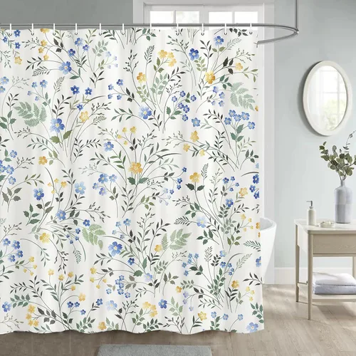 JAWO Cortina de ducha de tela floral, juego de cortinas de ducha de flores coloridas, hojas verdes acuarela, decoración botánica de baño, juego de