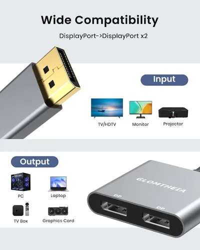 Miniatura 8 de Adaptador divisor DisplayPort a Dual DisplayPort, Hub MST 4K 60Hz para configuración de monitor dual, divisor DP de 1 en 2 salidas para modos