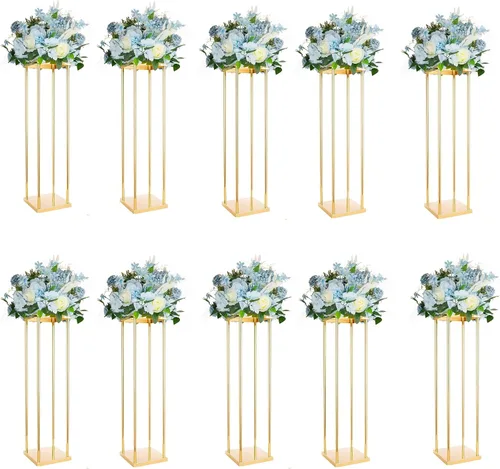 Miniatura 8 de 2 piezas de centro de mesa de boda jarrones dorados para mesas, soporte geométrico de flores de metal, 31.5 pulgadas de alto, florero de piso alto