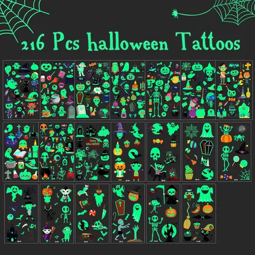 Miniatura 2 de 216 tatuajes temporales brillantes de Halloween para niños, bolsas de regalo, premios y recuerdos de fiesta