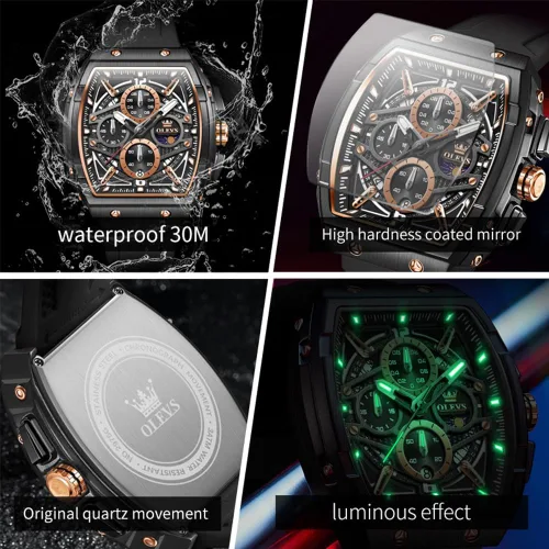 Miniatura 3 de OLEVS Men Watches Business Dress Chronograph Big Square Quartz Analog Male Watch Silicone Strap Waterproof Date Gift Mens Wrsit Watch Silver