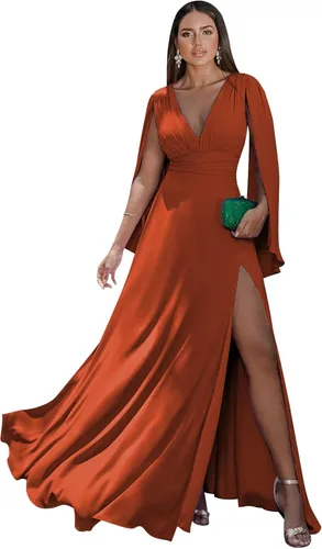 Miniatura 18 de Women's Long Sleeve Bridesmaid Dresses V-Neck Chiffon Ruched Formal Dress Evening Gown with Slit