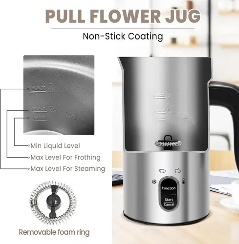 Miniatura 3 de Espumador de leche eléctrico, espumador de café, espumador de leche caliente y fría, calentador de leche automático 4 en 1, acero inoxidable