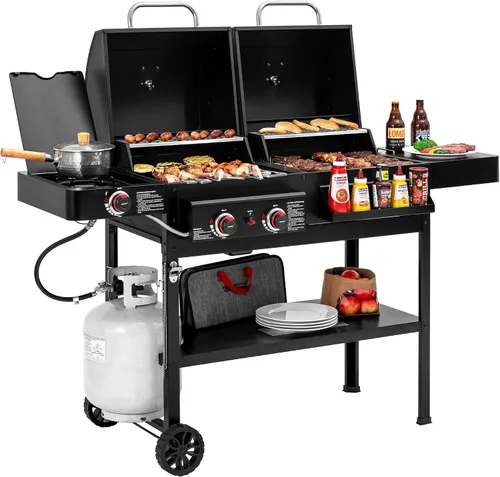 Miniatura 10 de Parrilla de gas y carbón combinada de 2 quemadores con ahumador lateral y quemador lateral, parrilla de combustible dual de 34.000 BTU, área