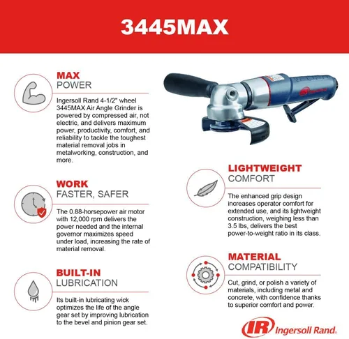 Miniatura 7 de Ingersoll Rand 3445MAX Amoladora angular neumática/herramienta de corte, rueda de 4.5 pulgadas, 12.000 rpm, 0.88 hp, rosca 5/8"-11, escape trasero