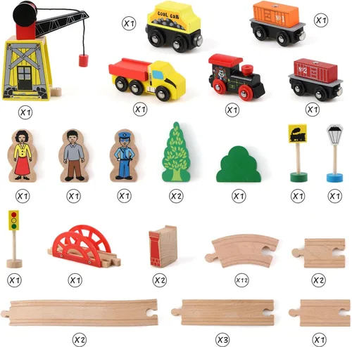 Miniatura 7 de Juego de trenes de madera Qilay para niños pequeños - 39 piezas de vías de tren de madera con grúa, puente y 5 trenes de madera - Juguetes de trenes