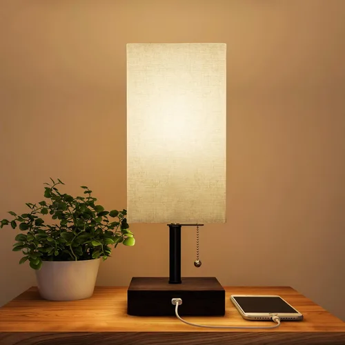 Miniatura 11 de Lavish Home Juego de lámpara de mesa pequeña con base de madera, juego de 2 luces rectangulares modernas con bombilla LED que incluye decoración
