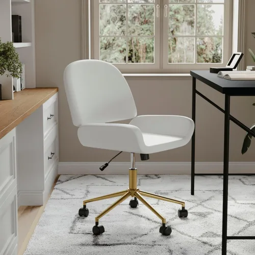 Miniatura 6 de Martha Stewart Tyla Silla giratoria sin brazos para oficina en casa en piel sintética blanca con marco de latón pulido Piel sintética blanca/latón