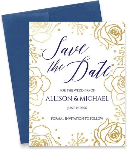 Modern Pink Paper Personalizada para guardar la fecha para bodas, quinceañera, baby shower, rosas impresas de lámina dorada con azul marino,