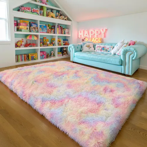 Miniatura 11 de KCHOWUA Alfombras Esponjosas y Peludas de Unicornio para Dormitorio de Niñas, 3x5 pies Lavable Antideslizante Alfombra de Área Shag Peluda para Sala