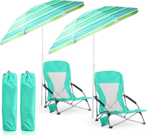 Miniatura 14 de Huwena Paquete de 2 sillas de playa con paraguas para adultos, juego de sillas plegables bajas, paraguas desmontable ajustable, ligero portátil