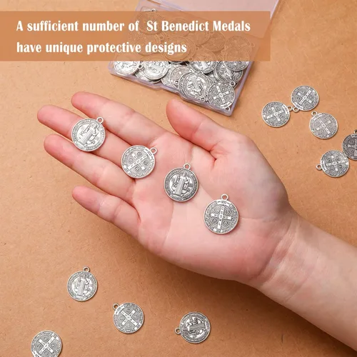 Miniatura 3 de Tudomro 120 piezas de medallas de San Benito de 0.94 x 0.79 pulgadas, dije de metal cristiano de San Benito, tono plateado, dije de protección