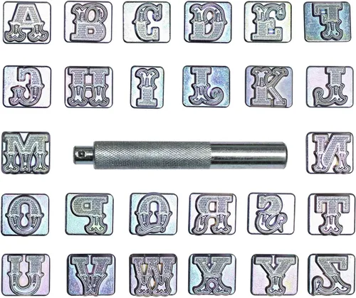 Juego de 27 herramientas de punzón de estampado de letras del alfabeto A-Z de 3/4 de pulgada y 0.748 in para trabajos de cuero, cinturones, sillín y